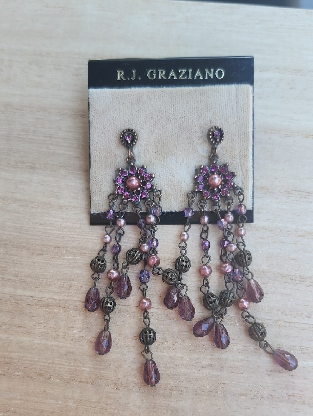 R.J. Graziano Antique Gold-Tone Purple and Mauve Beaded Chandelier Earrings - Picture 3 of 4
